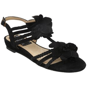 Bertie Kanberra Suede Floral Corsage Sandals Black - Women's Flat Sandals | Sandalebi | სანდალები