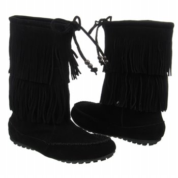 Minnetonka Moccasin  Women's Dawson Double Fringe   Blk Black - Women's Boots