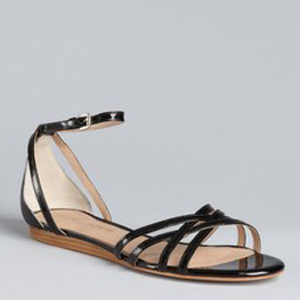 Pour La Victoire Black Patent Leather Ankle Strap - Women's Flat Sandals | Sandalebi | სანდალები