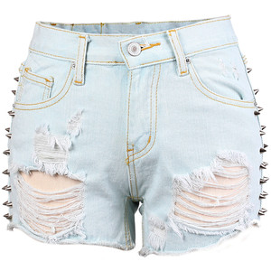 Shredded Cutoff Denim Shorts with Side Rivets - shorts | shortebi | შორტები