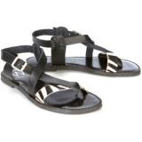 Black And Zebra Leather Sandal - Women's Flat Sandals | Sandalebi | სანდალები